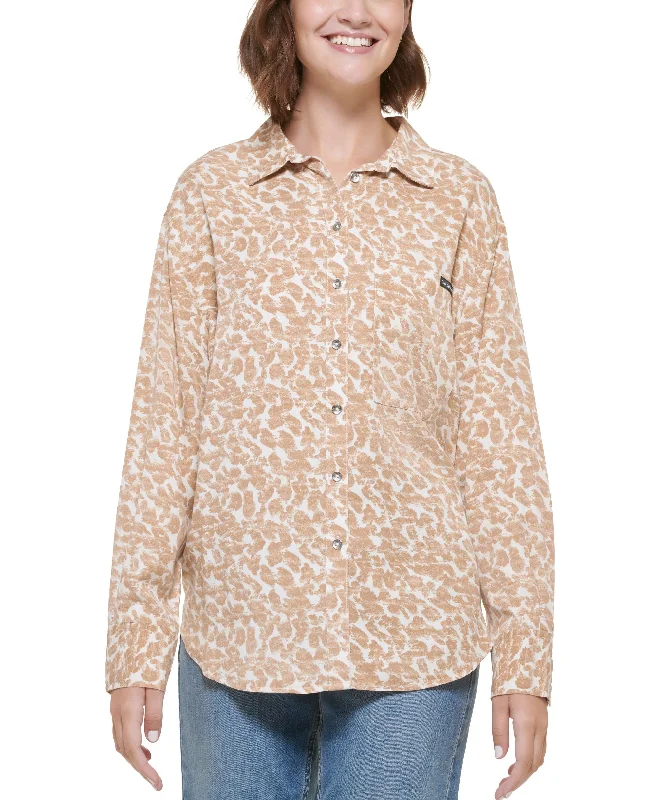 Women's Long Sleeve Animal-Print Boyfriend Shirt Elasticated Padded Insulated