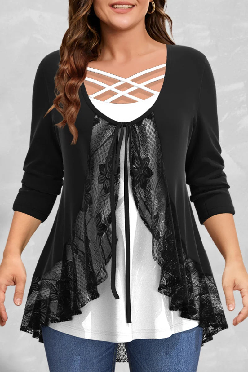 Women's Ruffle Lace 5XL Overlay Tops Fashion Designer T-Shirts (Plus Size) Anti-Shrink Durable Soft Women's Ruffle Lace 5XL Overlay Tops Fashion Designer T-Shirts (Plus Size) Anti-Shrink Durable Soft