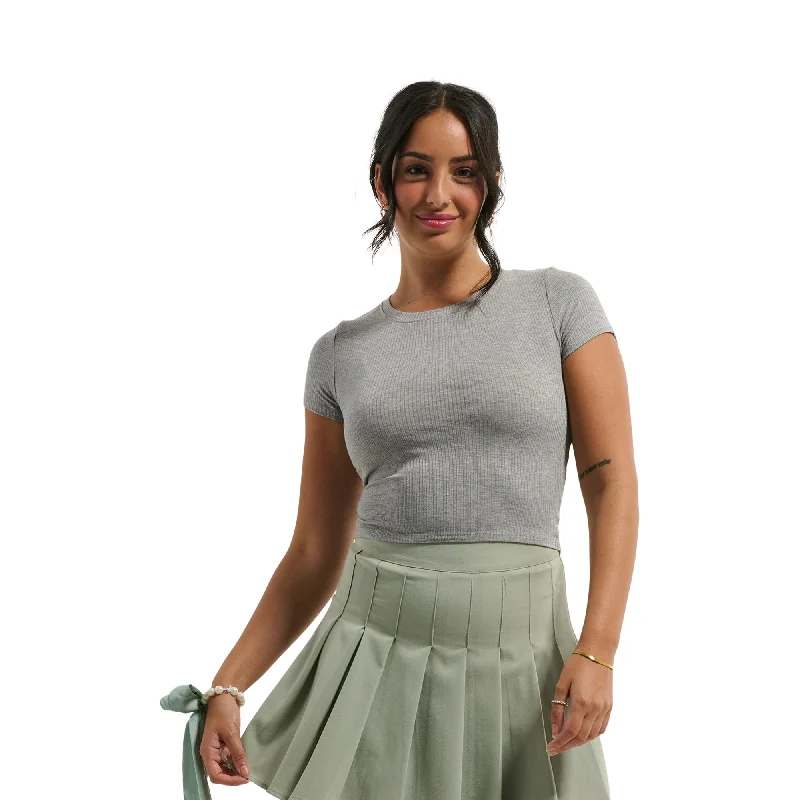 Women's Short Sleeve Crew Neck Ribbed Cropped Tee Zippered Front Buttoned Front Snap Front Women's Short Sleeve Crew Neck Ribbed Cropped Tee Zippered Front Buttoned Front Snap Front