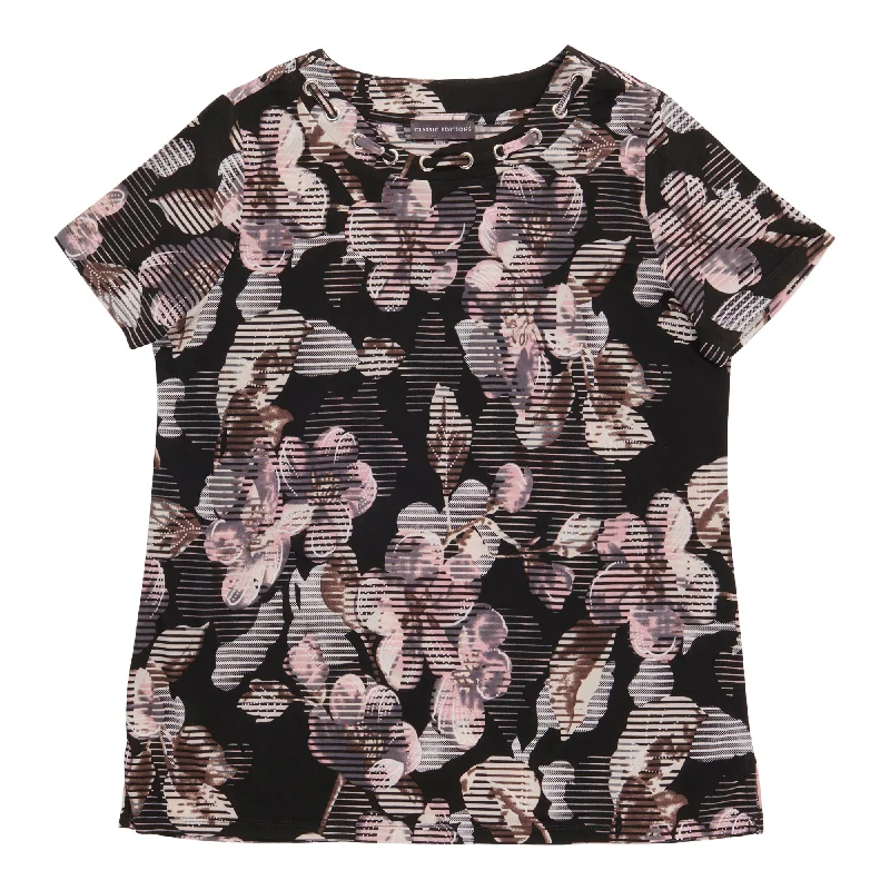 Classic Editions Women's T-Shirt Short Sleeve Crew Neck Striped Floral Plaid