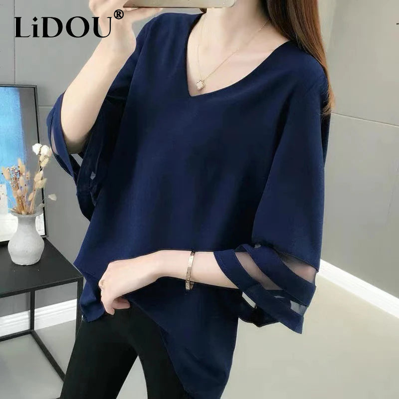 Women's V Neck 4XL Fashion Designer Chiffon T-Shirts (Plus Size) Print Jacquard Patchwork Women's V Neck 4XL Fashion Designer Chiffon T-Shirts (Plus Size) Print Jacquard Patchwork