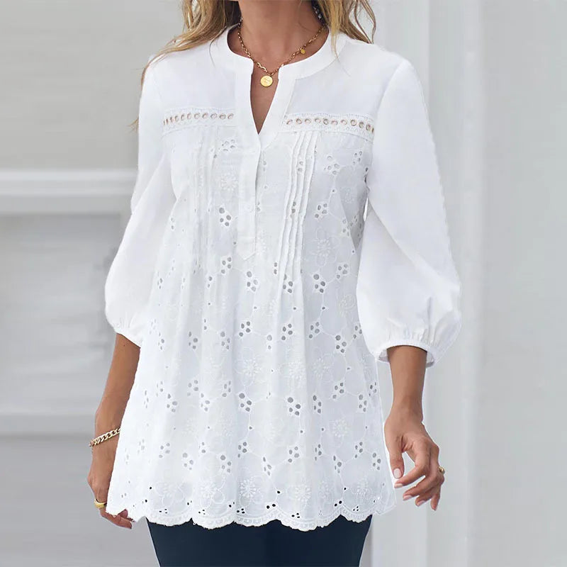 Women's V Neck Blouse 5XL Fashion Designer Hollow Out T-Shirts (Plus Size) Chenille Fabric Brocade Fabric Lace Fabric
