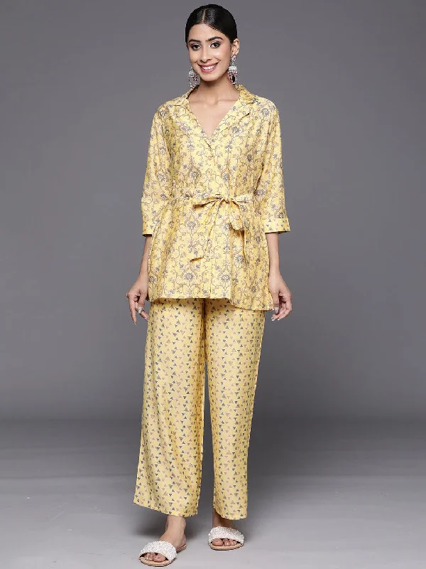 Yellow Printed Silk Blend Shirt With Palazzos Thin T-Shirt Open Front Quick Dry