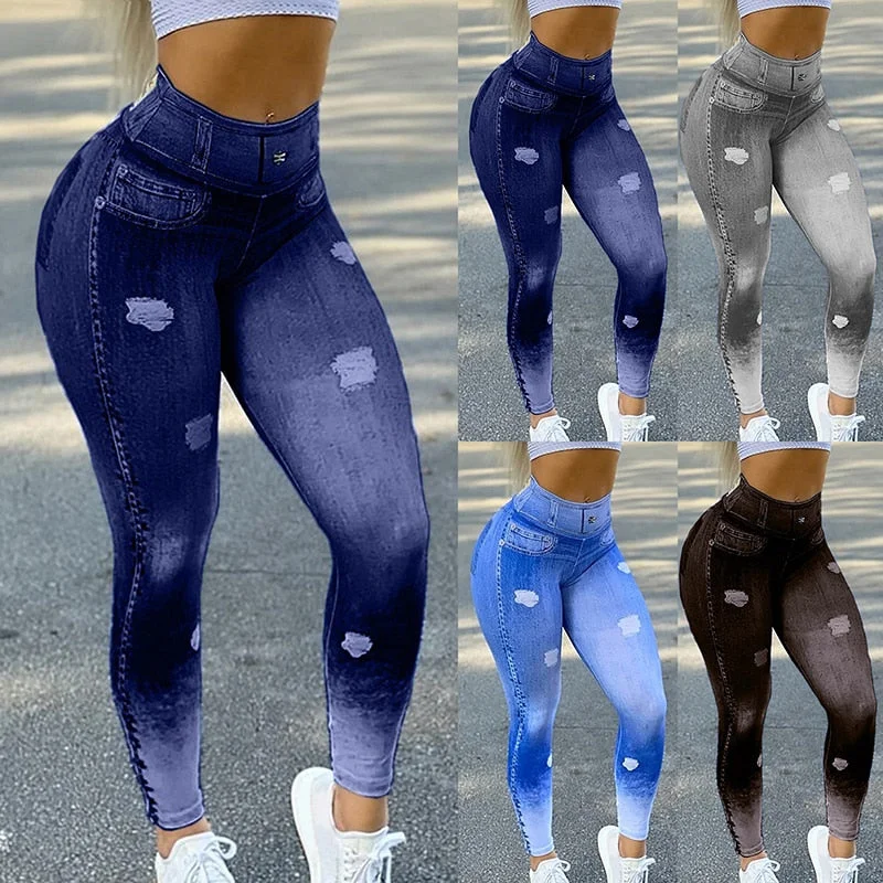 Faux Denim Jean Leggings Fashionable Solid Color Tights