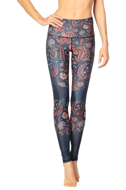 Festival Denim Printed Yoga Leggings Comfortable Ribbed Waistband Leggings