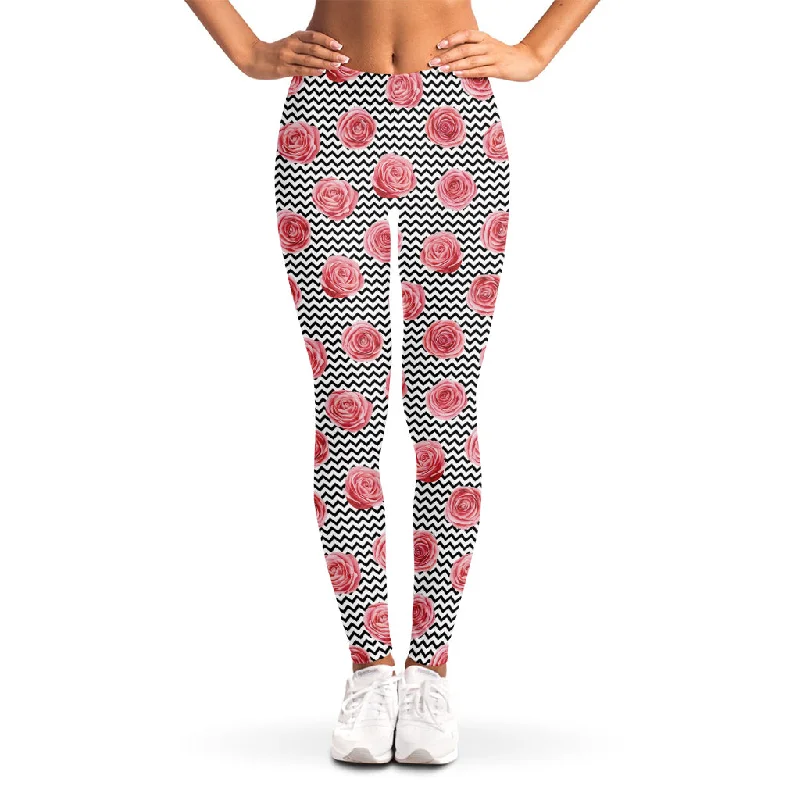 Pink Rose Zigzag Pattern Print Women's Leggings Trendy Tie-Dye Leggings