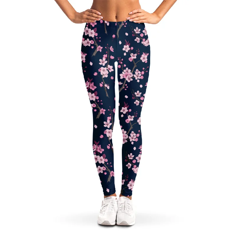 Pink Sakura Cherry Blossom Pattern Print Women's Leggings Fashionable High-Rise Leggings