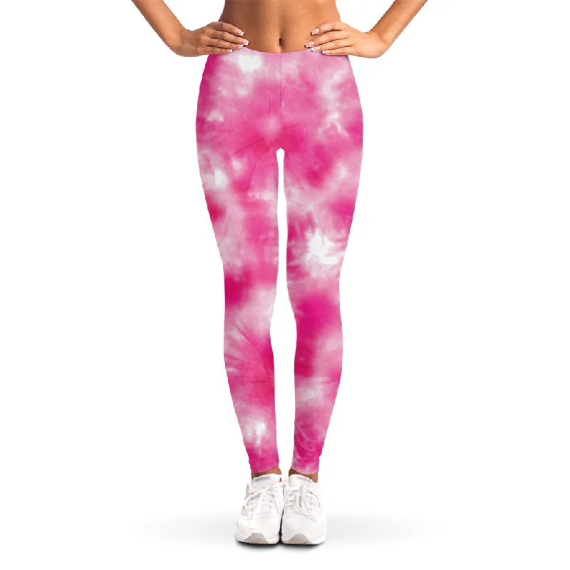 Pink Shibori Tie Dye Print Women's Leggings Elegant Satin Finish Leggings