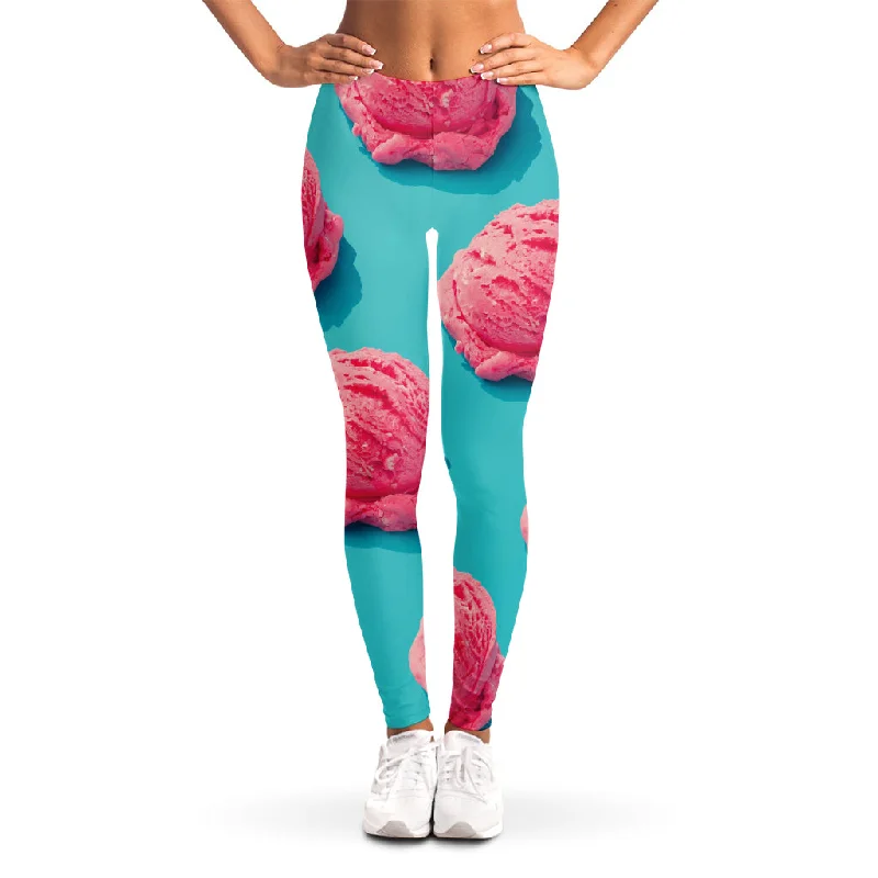 Pink Strawberry Ice Cream Print Women's Leggings Stylish Patterned Active Leggings