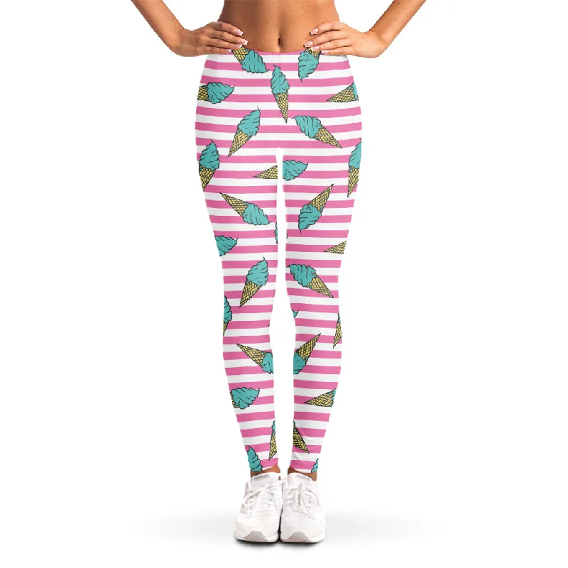 Pink Striped Ice Cream Pattern Print Women's Leggings Comfortable Lounge Leggings