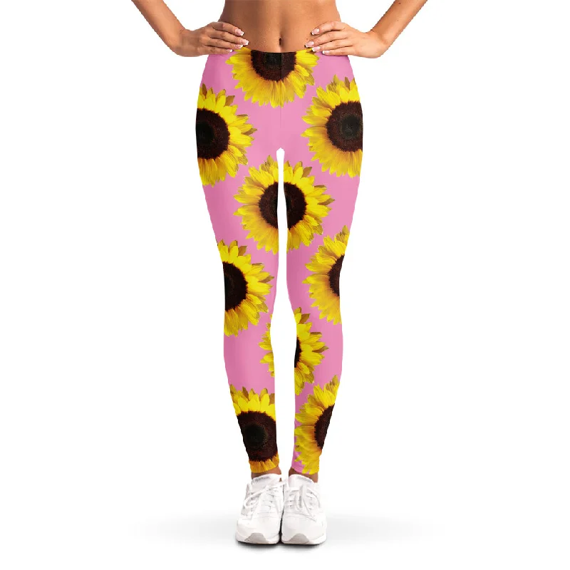 Pink Sunflower Pattern Print Women's Leggings Fashionable Tummy Control Leggings