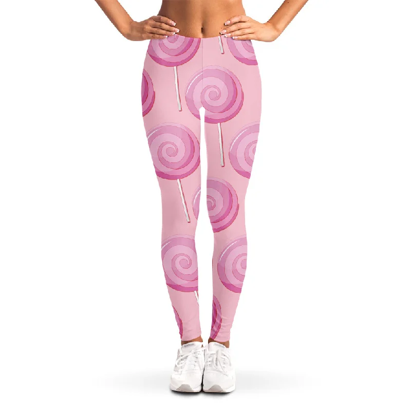 Pink Swirl Lollipop Pattern Print Women's Leggings Fashionable Lacy Detail Leggings