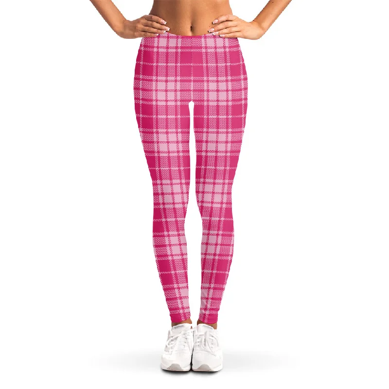 Pink Tartan Pattern Print Women's Leggings Casual Slim-Fit Leggings