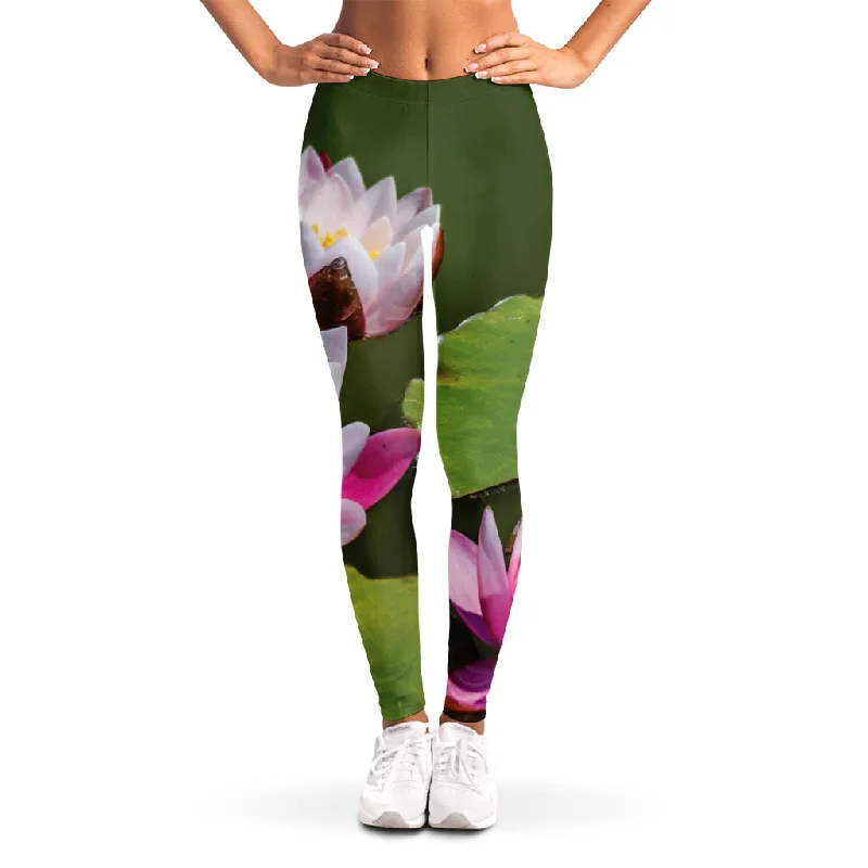Pink Water Lilies Print Women's Leggings Cozy Bootcut Leggings