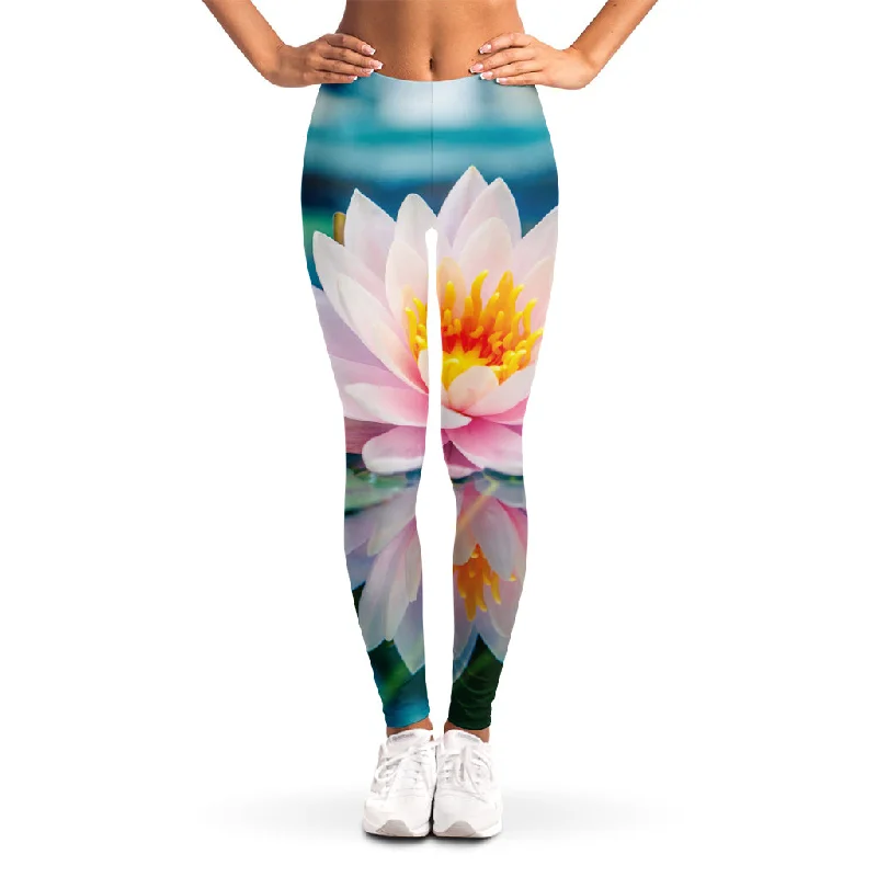 Pink Water Lily Print Women's Leggings Fashionable Leather-Look Leggings