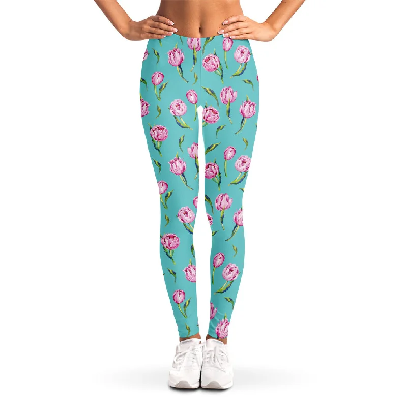 Pink Watercolor Tulip Pattern Print Women's Leggings Elegant Black Leggings