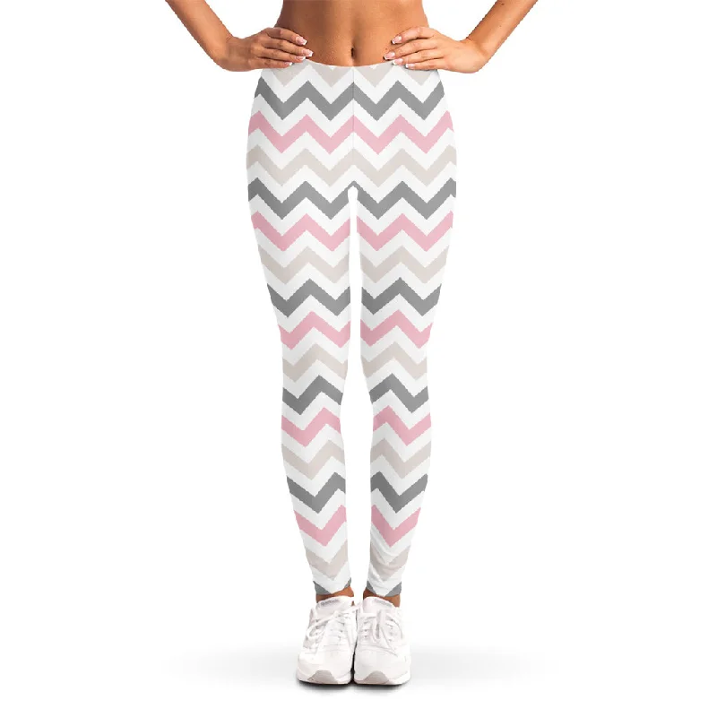 Pink White And Grey Chevron Print Women's Leggings Trendy Cut-Out Activewear Leggings Pink White And Grey Chevron Print Women's Leggings Trendy Cut-Out Activewear Leggings