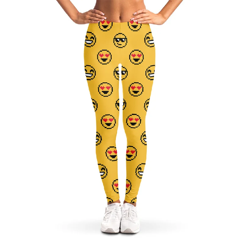 Pixel Emoji Pattern Print Women's Leggings Fashionable Stretchy Fit Leggings