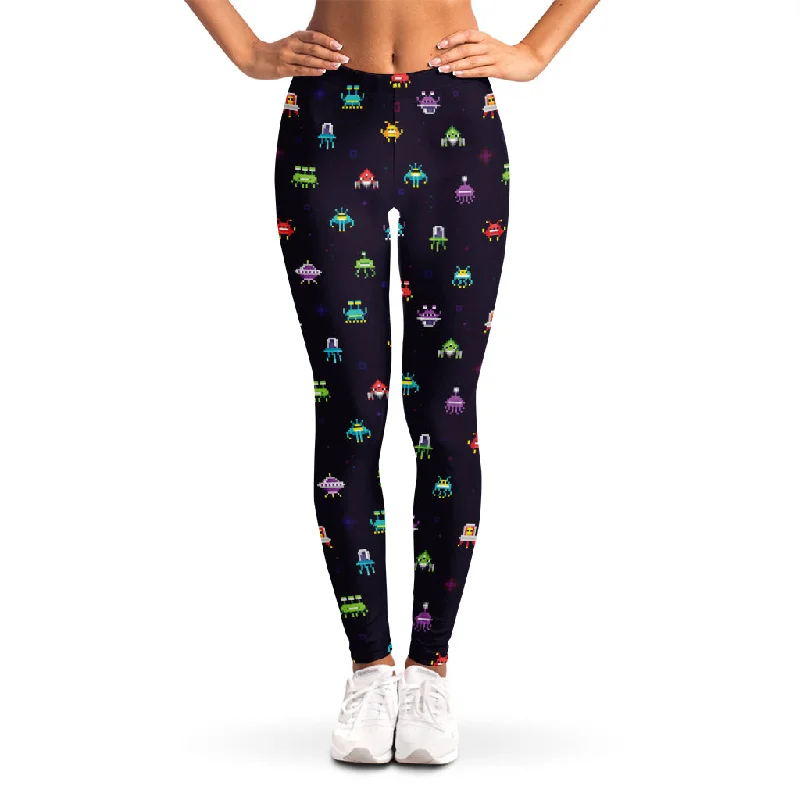 Pixel UFO Aliens Pattern Print Women's Leggings Stylish Stretch Print Leggings