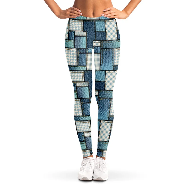 Plaid And Denim Patchwork Pattern Print Women's Leggings Elegant Textured Leggings