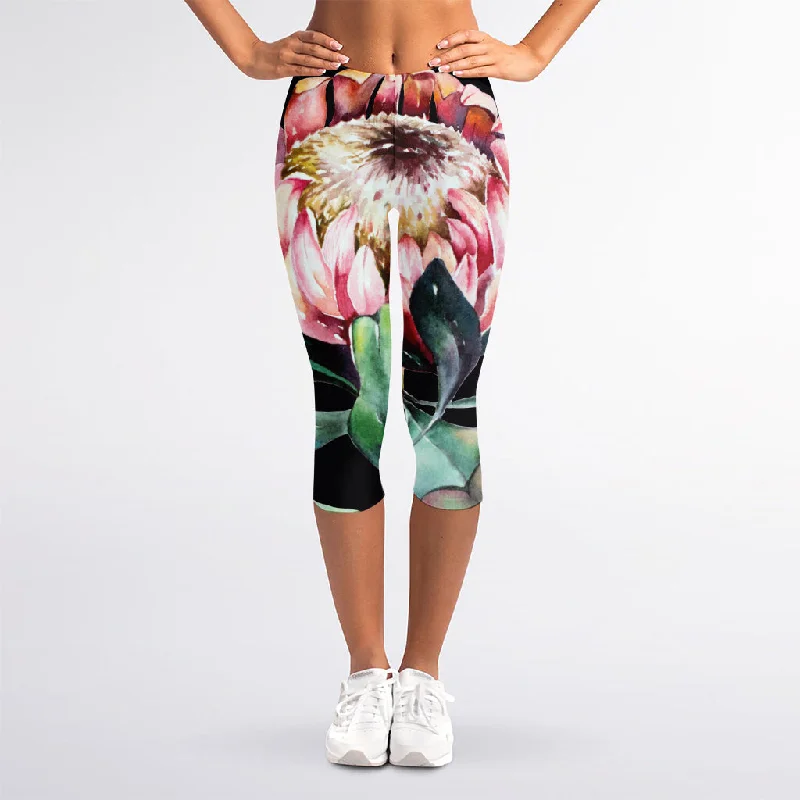 Protea Flower Print Women's Capri Leggings Trendy Ombre Effect Leggings