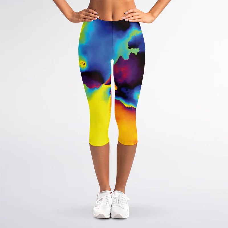 Psychedelic Acid Print Women's Capri Leggings Stylish Faux Leather Leggings