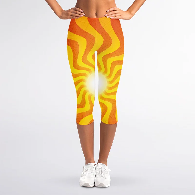 Psychedelic Burning Sun Print Women's Capri Leggings Cozy Sweat-Wicking Leggings