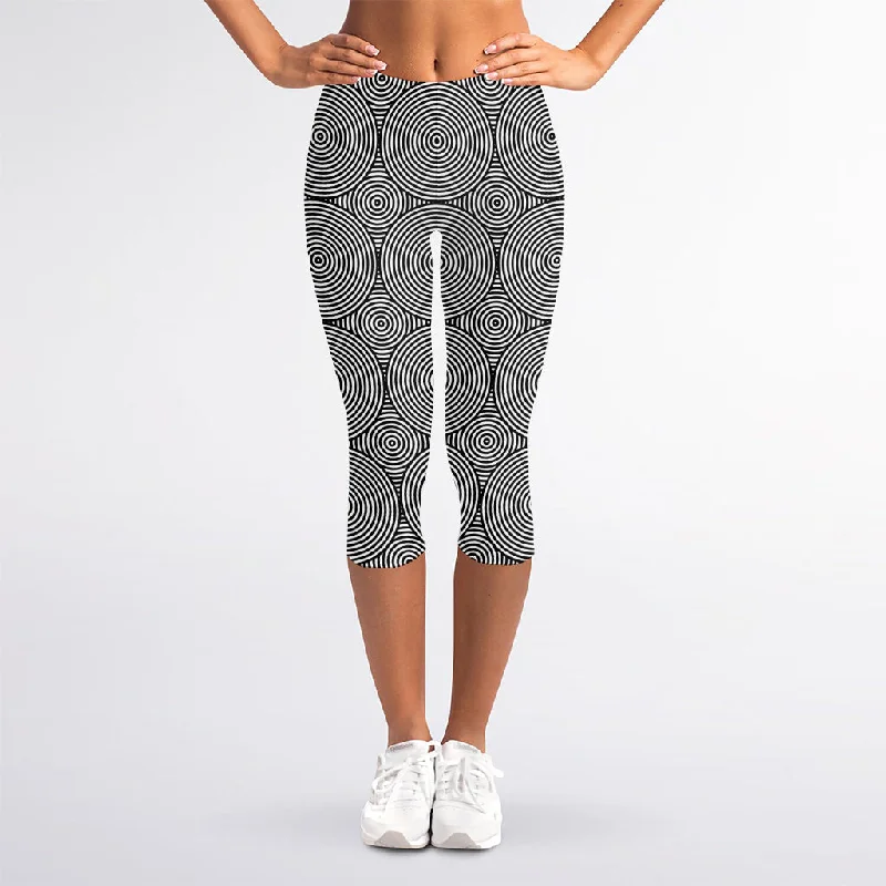 Psychedelic Circle Pattern Print Women's Capri Leggings Chic Floral Print Leggings