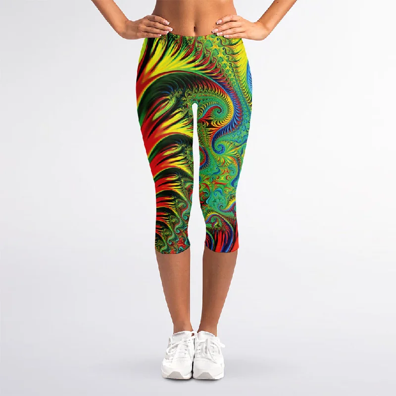 Psychedelic Fractal Print Women's Capri Leggings Cozy Ribbed Leggings