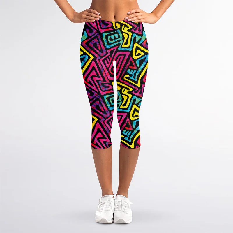 Psychedelic Funky Pattern Print Women's Capri Leggings Stylish Printed Stretch Leggings