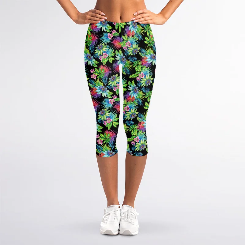 Psychedelic Hawaiian Flower Print Women's Capri Leggings Fashionable Printed Leggings Psychedelic Hawaiian Flower Print Women's Capri Leggings Fashionable Printed Leggings