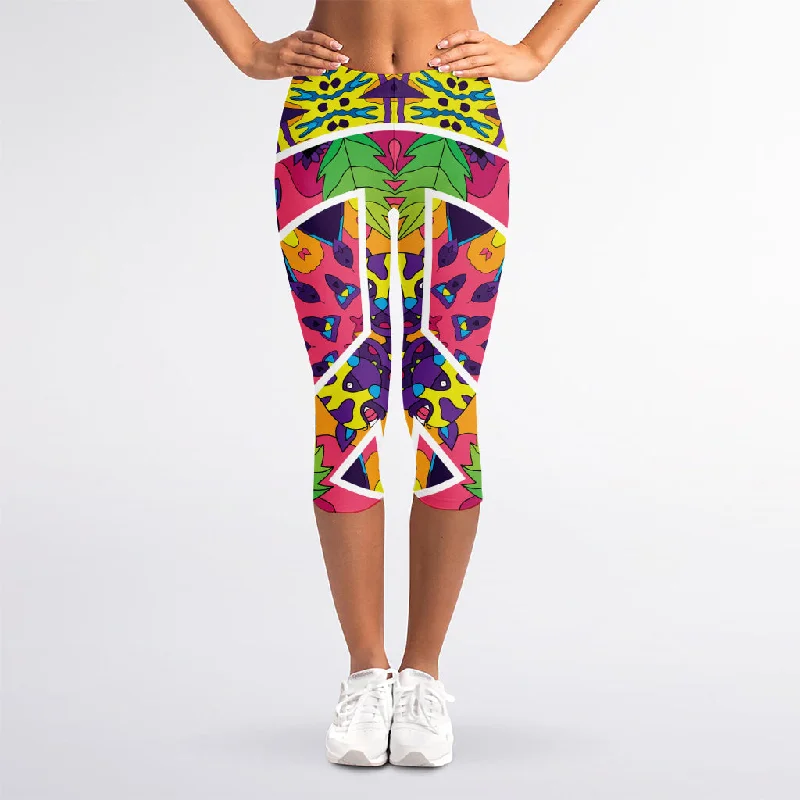 Psychedelic Hippie Peace Sign Print Women's Capri Leggings Cozy Mid-Rise Workout Leggings Psychedelic Hippie Peace Sign Print Women's Capri Leggings Cozy Mid-Rise Workout Leggings