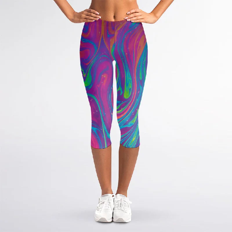 Psychedelic Liquid Print Women's Capri Leggings Comfortable Wide-Band Leggings