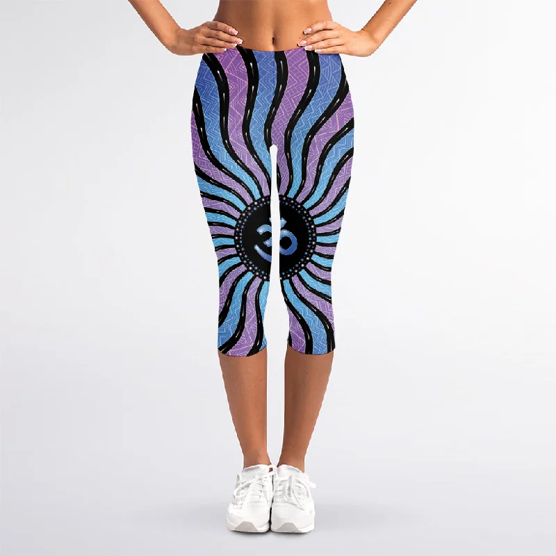Psychedelic Om Print Women's Capri Leggings Fashionable Minimal Active Leggings