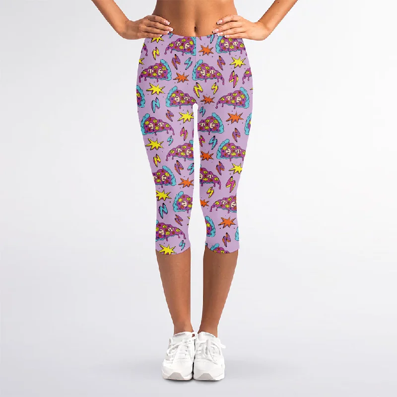 Psychedelic Pizza Pattern Print Women's Capri Leggings Comfortable Sports Performance Tights