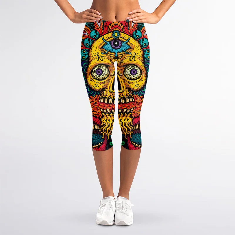Psychedelic Skull Print Women's Capri Leggings Elegant Printed Leggings with Pockets Psychedelic Skull Print Women's Capri Leggings Elegant Printed Leggings with Pockets