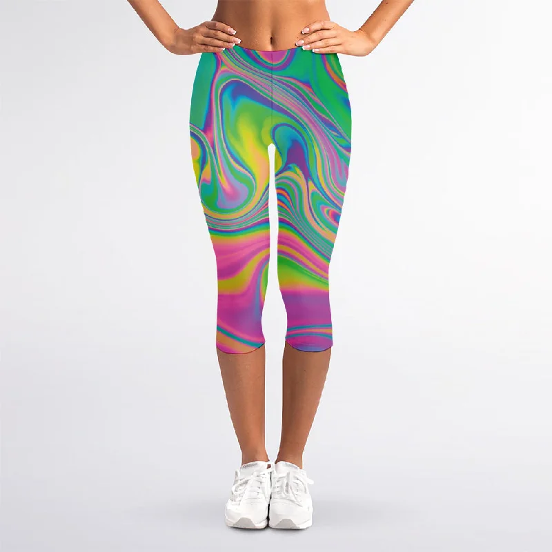 Psychedelic Soap Bubble Print Women's Capri Leggings Trendy Leather-Look Workout Leggings Psychedelic Soap Bubble Print Women's Capri Leggings Trendy Leather-Look Workout Leggings