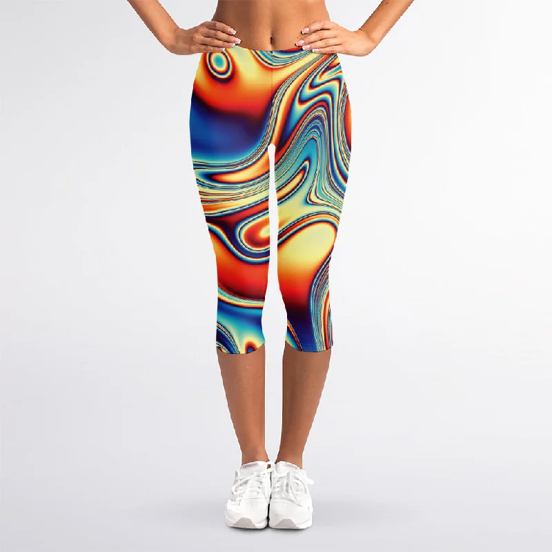 Psychedelic Wave Print Women's Capri Leggings Comfortable Bootcut Workout Leggings