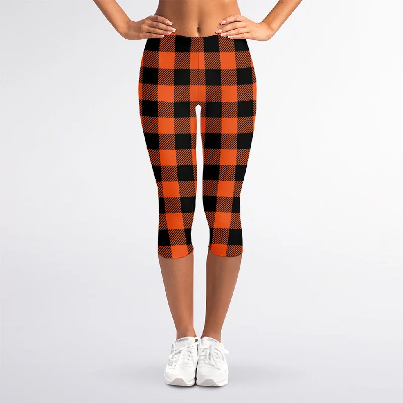 Pumpkin Orange Buffalo Check Print Women's Capri Leggings Stylish Sporty Performance Leggings Pumpkin Orange Buffalo Check Print Women's Capri Leggings Stylish Sporty Performance Leggings
