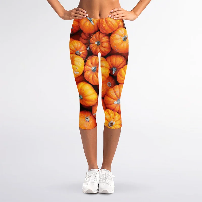 Pumpkin Print Women's Capri Leggings Trendy Sporty Compression Leggings
