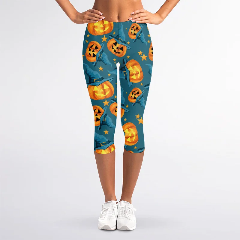 Pumpkin With Witch Hat Pattern Print Women's Capri Leggings Fashionable Ribbed Knit Leggings Pumpkin With Witch Hat Pattern Print Women's Capri Leggings Fashionable Ribbed Knit Leggings