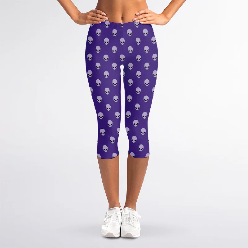 Purple Alien Face Pattern Print Women's Capri Leggings Fashionable Solid Color Tights Purple Alien Face Pattern Print Women's Capri Leggings Fashionable Solid Color Tights
