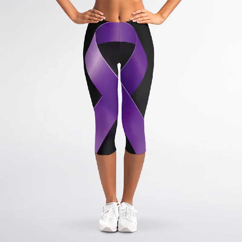 Purple All Cancer Awareness Ribbon Print Women's Capri Leggings Stylish Everyday Leggings Purple All Cancer Awareness Ribbon Print Women's Capri Leggings Stylish Everyday Leggings
