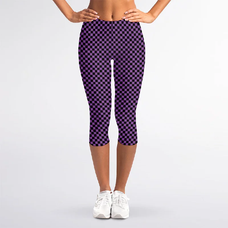 Purple And Black Checkered Pattern Print Women's Capri Leggings Elegant Full-Body Leggings