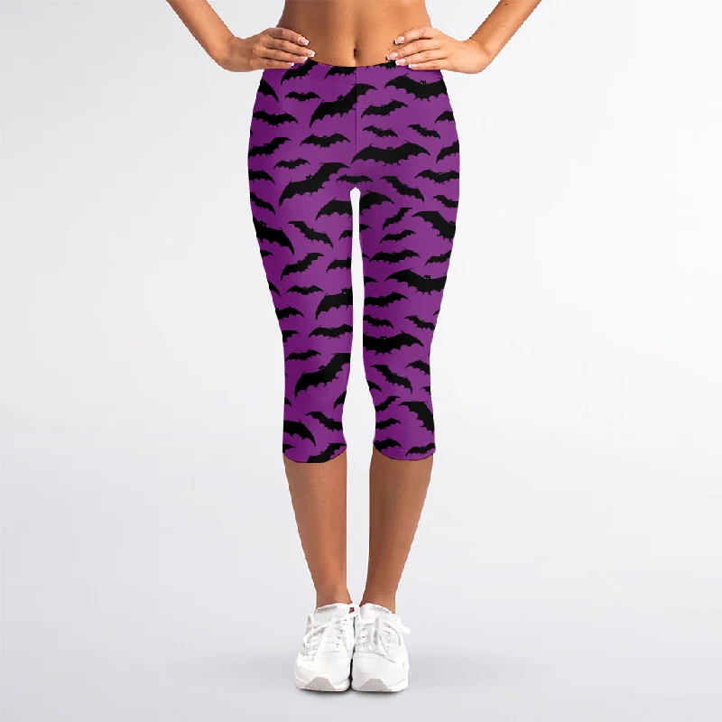 Purple And Black Halloween Bat Print Women's Capri Leggings Fashionable Smooth Fit Leggings Purple And Black Halloween Bat Print Women's Capri Leggings Fashionable Smooth Fit Leggings
