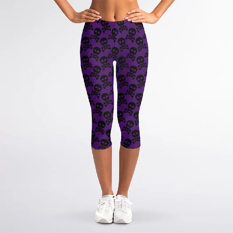 Purple And Black Halloween Skull Print Women's Capri Leggings Fashionable Floral Active Leggings Purple And Black Halloween Skull Print Women's Capri Leggings Fashionable Floral Active Leggings