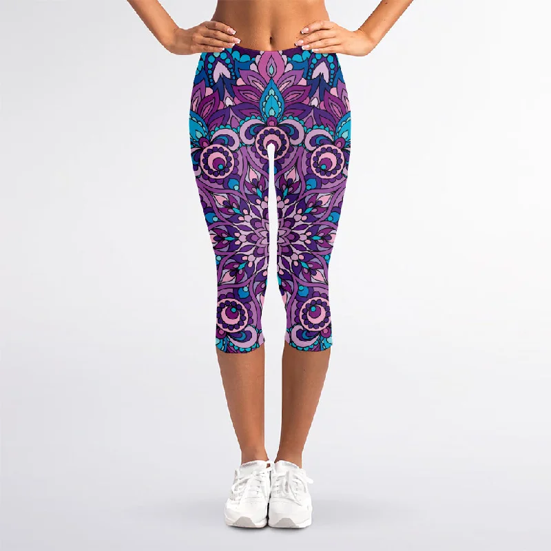 Purple And Blue Mandala Print Women's Capri Leggings Trendy Polka Dot Leggings