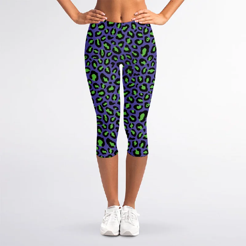 Purple And Green Leopard Pattern Print Women's Capri Leggings Fashionable Printed Legging Pants Purple And Green Leopard Pattern Print Women's Capri Leggings Fashionable Printed Legging Pants