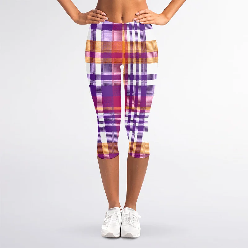 Purple And Orange Madras Plaid Print Women's Capri Leggings Trendy Side-Pocket Leggings Purple And Orange Madras Plaid Print Women's Capri Leggings Trendy Side-Pocket Leggings