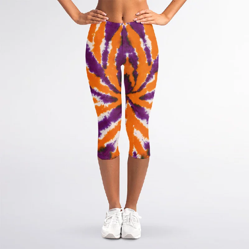 Purple And Orange Spider Tie Dye Print Women's Capri Leggings Trendy Ombre Effect Leggings Purple And Orange Spider Tie Dye Print Women's Capri Leggings Trendy Ombre Effect Leggings